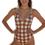 Damen Einteiler Badeanzug mit V-Ausschnitt und kariertem Design R&B