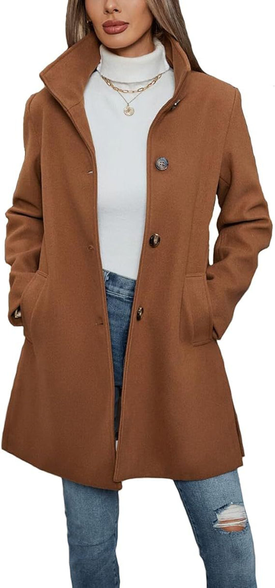 Damen Eleganter Wollmantel mit Hochgeschlossenem Kragen und Praktischen Taschen R&B