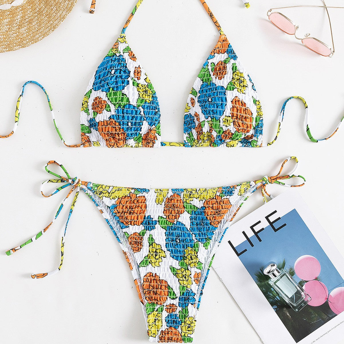 Damen Triangel-Bikini mit farbenfrohem Strukturdesign und verstellbaren Trägern R&B