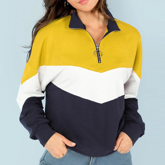 Damen sportlicher Sweatshirt mit hohem Kragen und farblich abgesetztem Design R&B