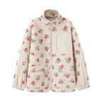 Damen nan Teddy-Fleece Jacke mit floralem Muster, Feincord-Einsätzen, Stehkragen und Reißverschluss R&B