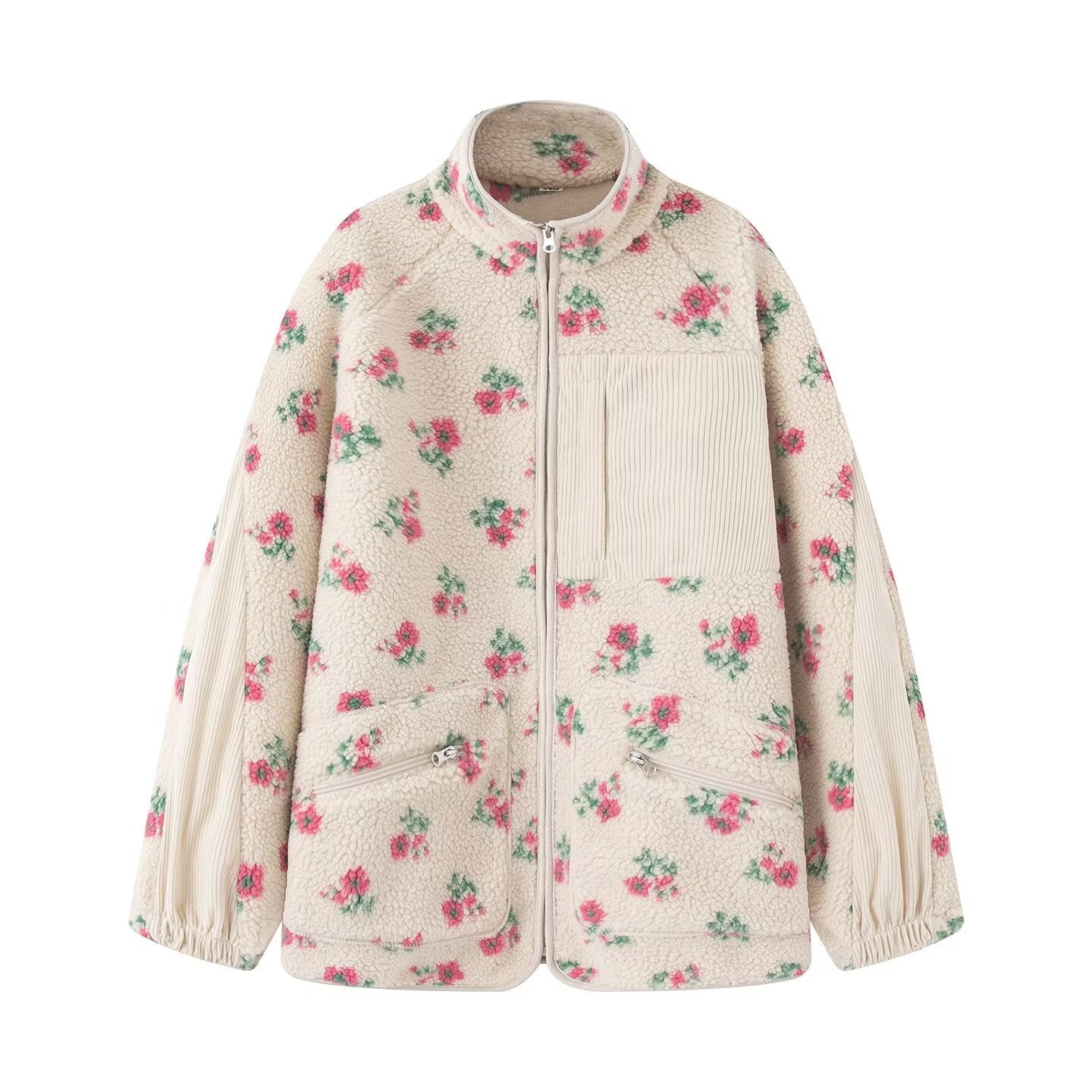 Damen nan Teddy-Fleece Jacke mit floralem Muster, Feincord-Einsätzen, Stehkragen und Reißverschluss R&B