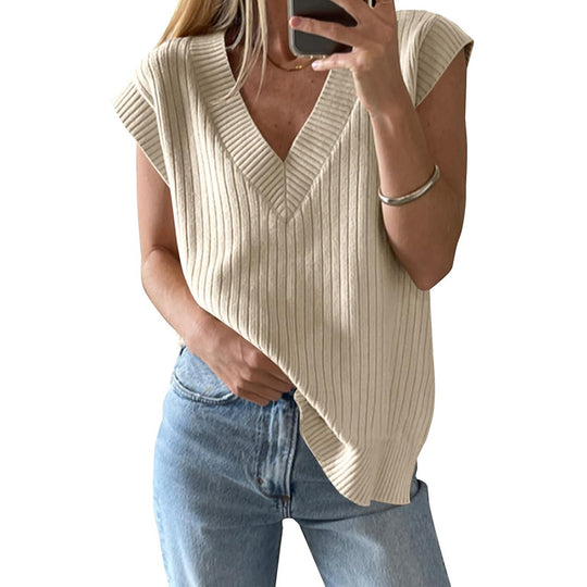 Damen lässiges V-Ausschnitt Oberteil aus Rippstrickmaterial R&B