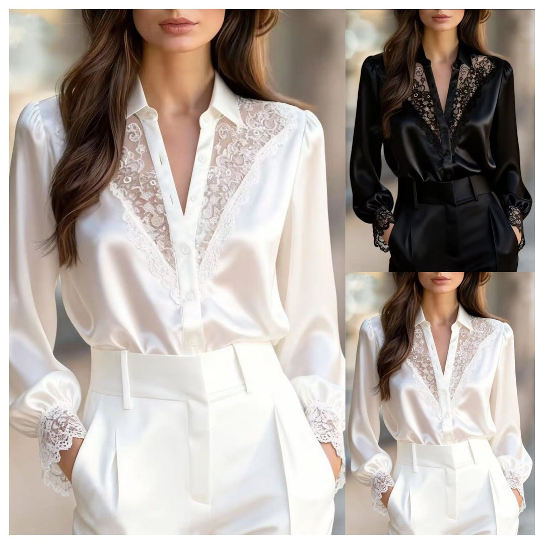 Damen elegante Bluse mit romantischen Spitzenakzenten R&B