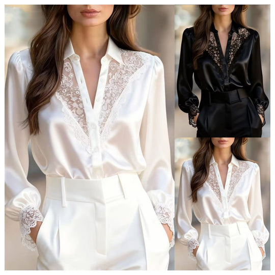 Damen elegante Bluse mit romantischen Spitzenakzenten R&B