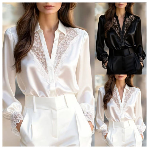 Damen elegante Bluse mit romantischen Spitzenakzenten R&B
