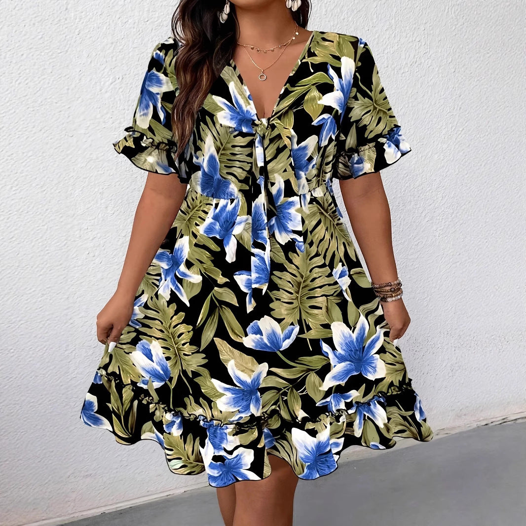 Damen sommerliches Kleid mit voluminösen Rüschen und floralem Design R&B