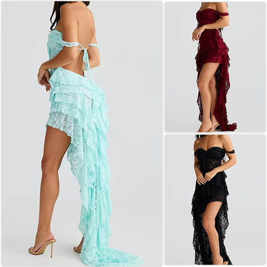 Damen Asymmetrisches Spitzenkleid mit raffinierten Rüschendetails und off-shoulder Design R&B