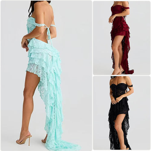 Damen Asymmetrisches Spitzenkleid mit raffinierten Rüschendetails und off-shoulder Design R&B