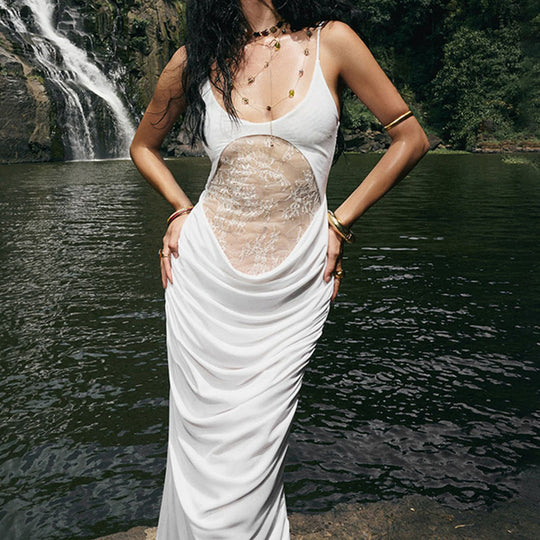 Damen Elegantes langes Kleid mit transparentem Spitzenbesatz und raffinierten Drapierungen R&B