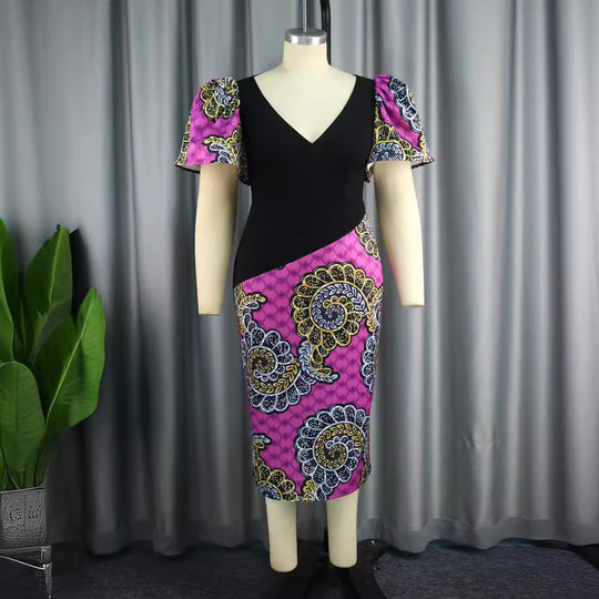Damen figurbetontes Kleid mit bunten Puffärmeln und asymmetrischem Design R&B