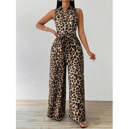 Damen Jumpsuit mit Leopardenmuster und Taillengürtel R&B