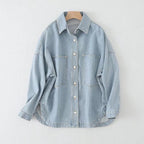 Damen nan oversized Jeanshemd mit aufgesetzten Brusttaschen, leichter Baumwoll-Denim und abgerundetem Saum R&B