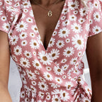 Damen florales Wickelkleid mit kurzem Ärmel und schwingendem Rock R&B