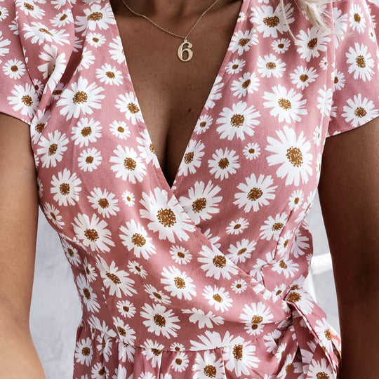 Damen florales Wickelkleid mit kurzem Ärmel und schwingendem Rock R&B