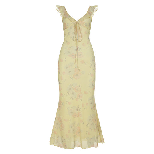 Damen Maxikleid mit floralem Muster und zartem Rüschensaum R&B