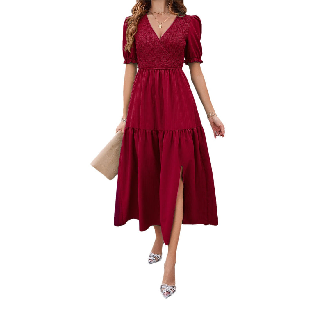 Damen Maxikleid mit hohem Schlitz und Puffärmeln R&B