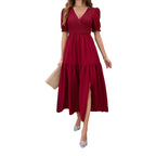 Damen Maxikleid mit hohem Schlitz und Puffärmeln R&B