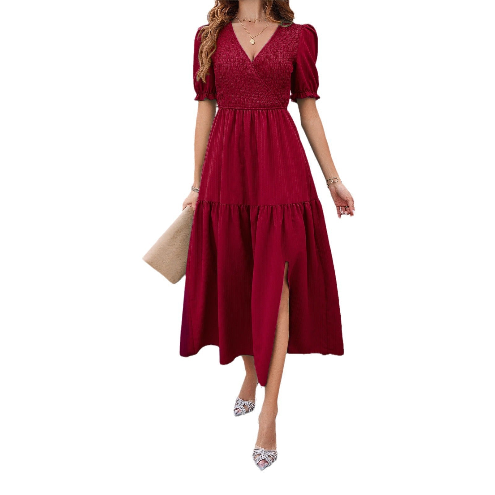 Damen Maxikleid mit hohem Schlitz und Puffärmeln R&B