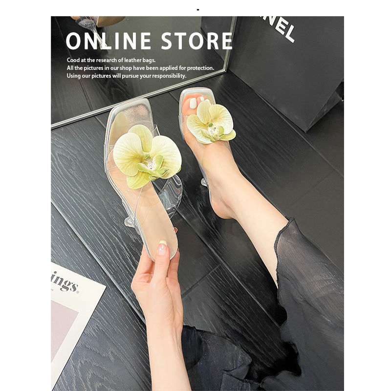 Damen transparente Mules mit eleganter Blütenverzierung und hohem Absatz R&B