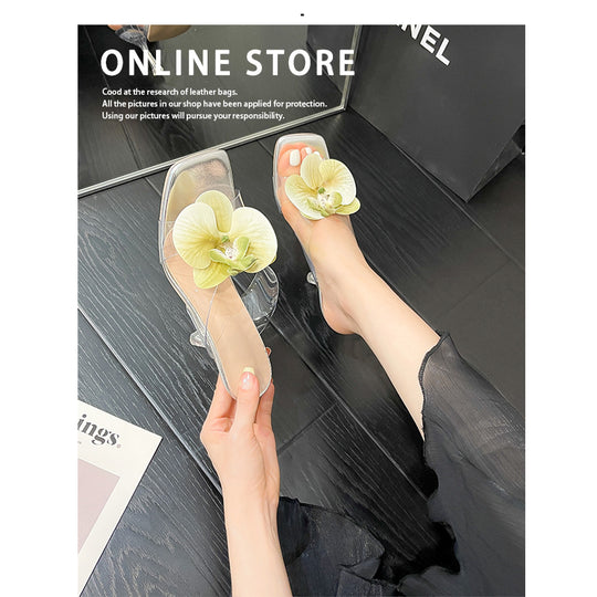 Damen transparente Mules mit eleganter Blütenverzierung und hohem Absatz R&B