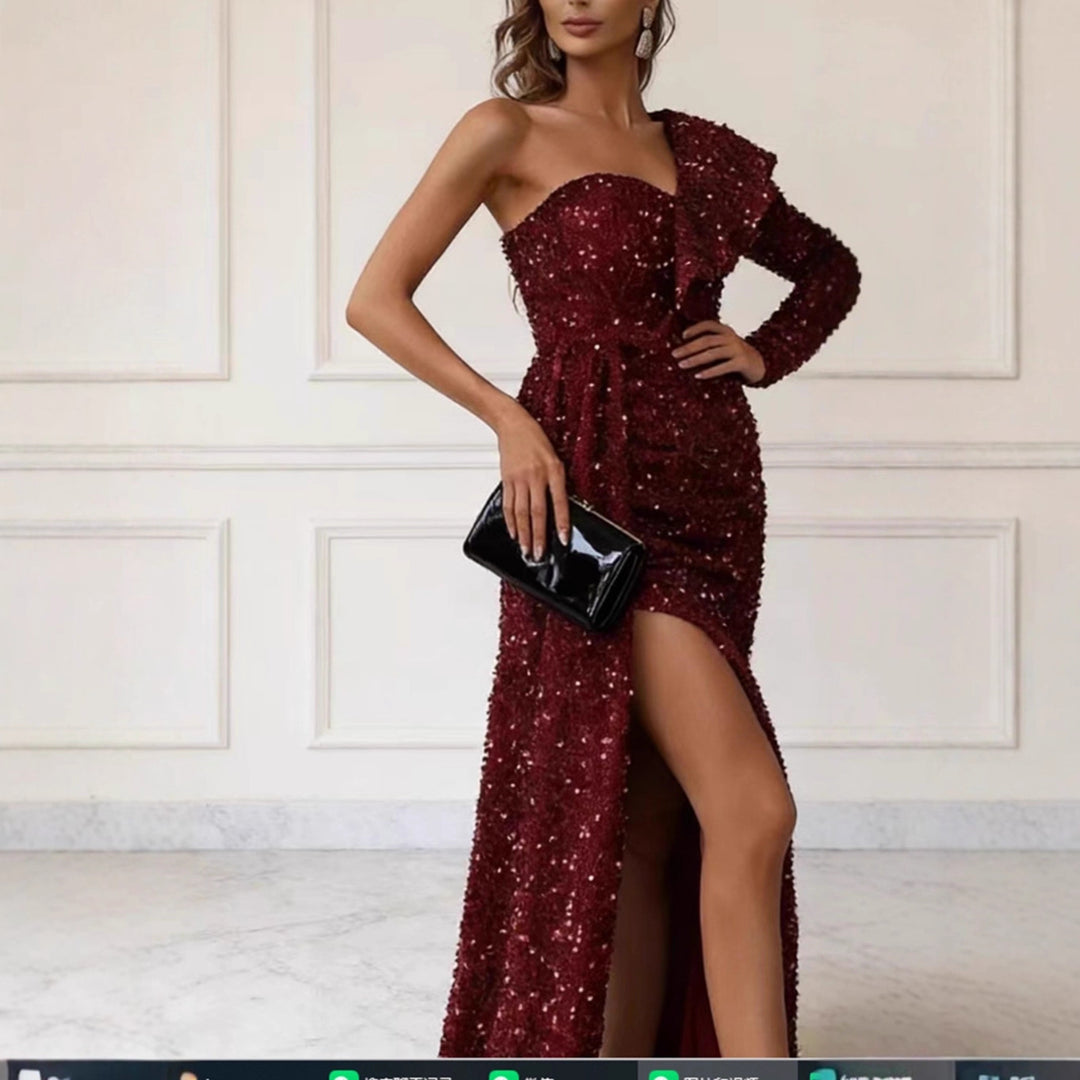 Damen Glamouröses Abendkleid mit asymmetrischem Cut und funkelnden Pailletten R&B