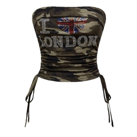 Damen Bustier-Oberteil mit Camouflage-Muster und Strass-Applikationen R&B
