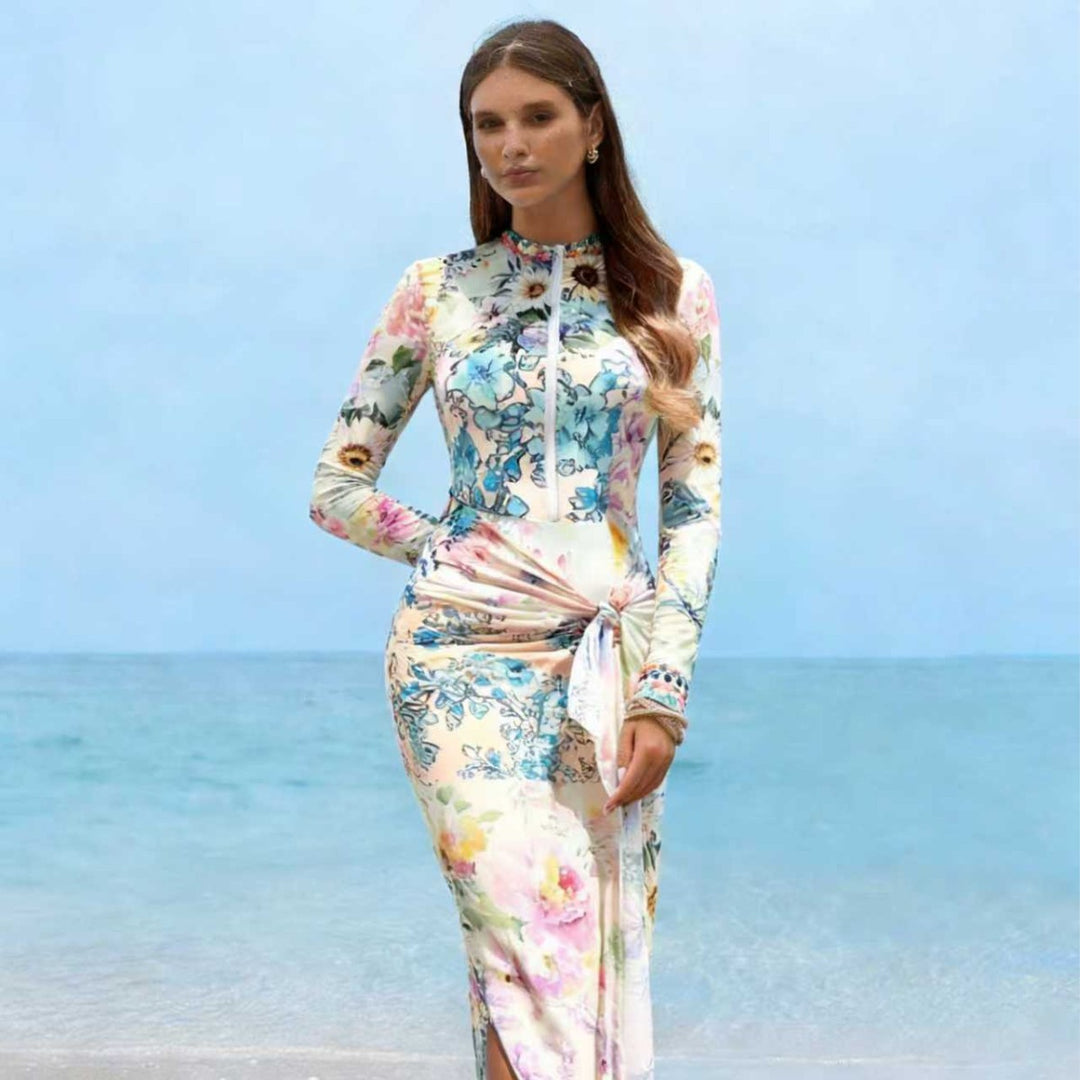 Damen Elegantes Langarm-Strandkleid mit floralem Design R&B