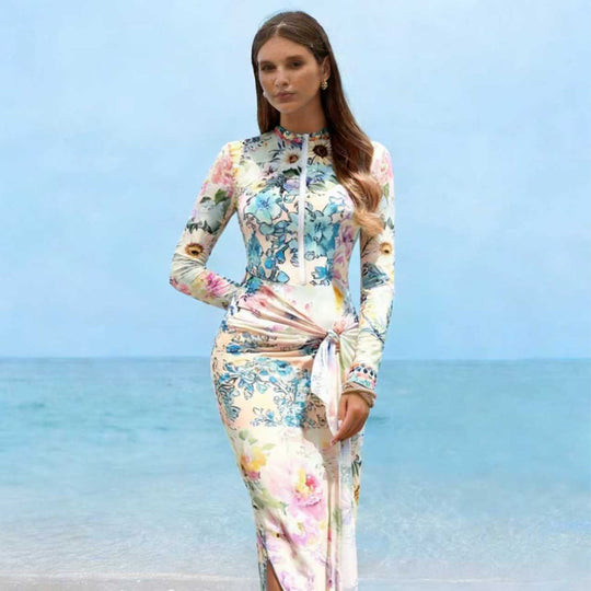 Damen Elegantes Langarm-Strandkleid mit floralem Design R&B