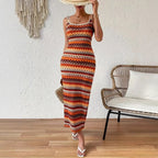 Damen Maxikleid mit auffälligem geometrischem Muster und seitlichem Schlitz R&B