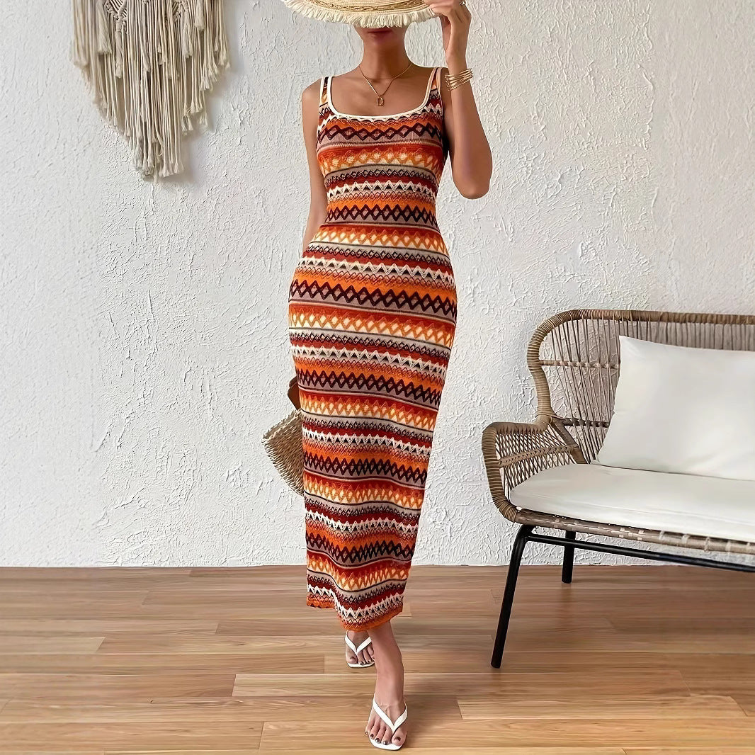 Damen Maxikleid mit auffälligem geometrischem Muster und seitlichem Schlitz R&B