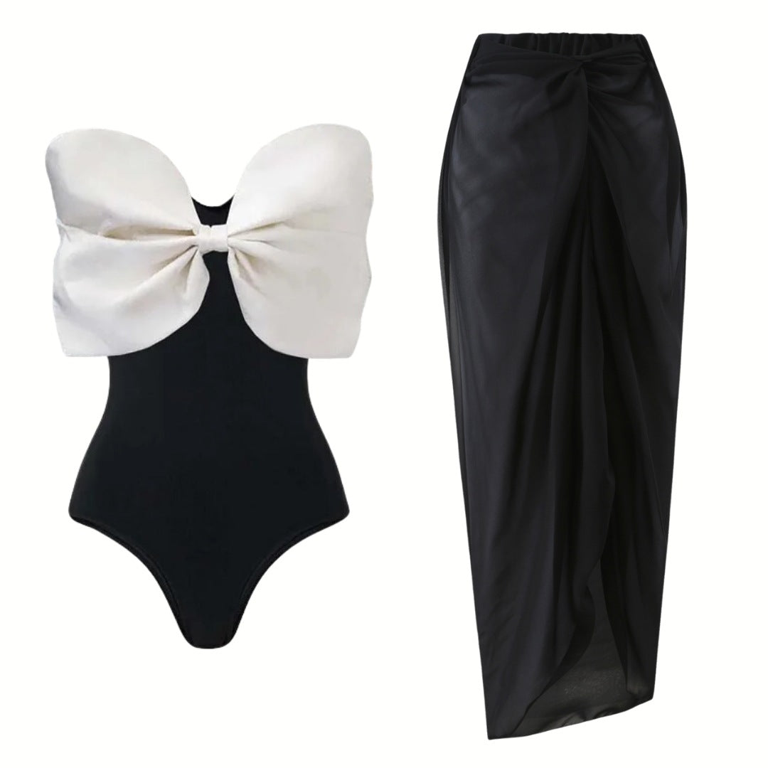 Damen Einschnitt Badeanzug mit voluminösem Schleifen-Detail und elegantem Wickelrock R&B