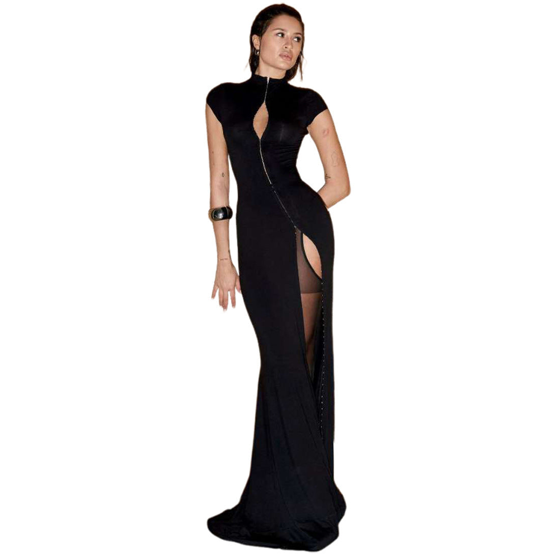 Damen Elegantes Maxikleid mit länglichem Reißverschluss und hohem Schlitz R&B