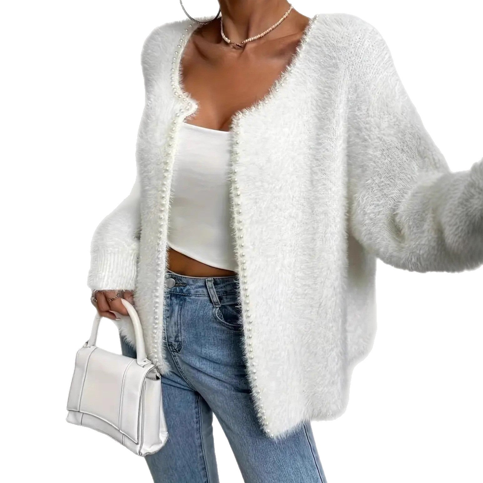 Strickjacke Damen flauschig mit Perlenverzierung
