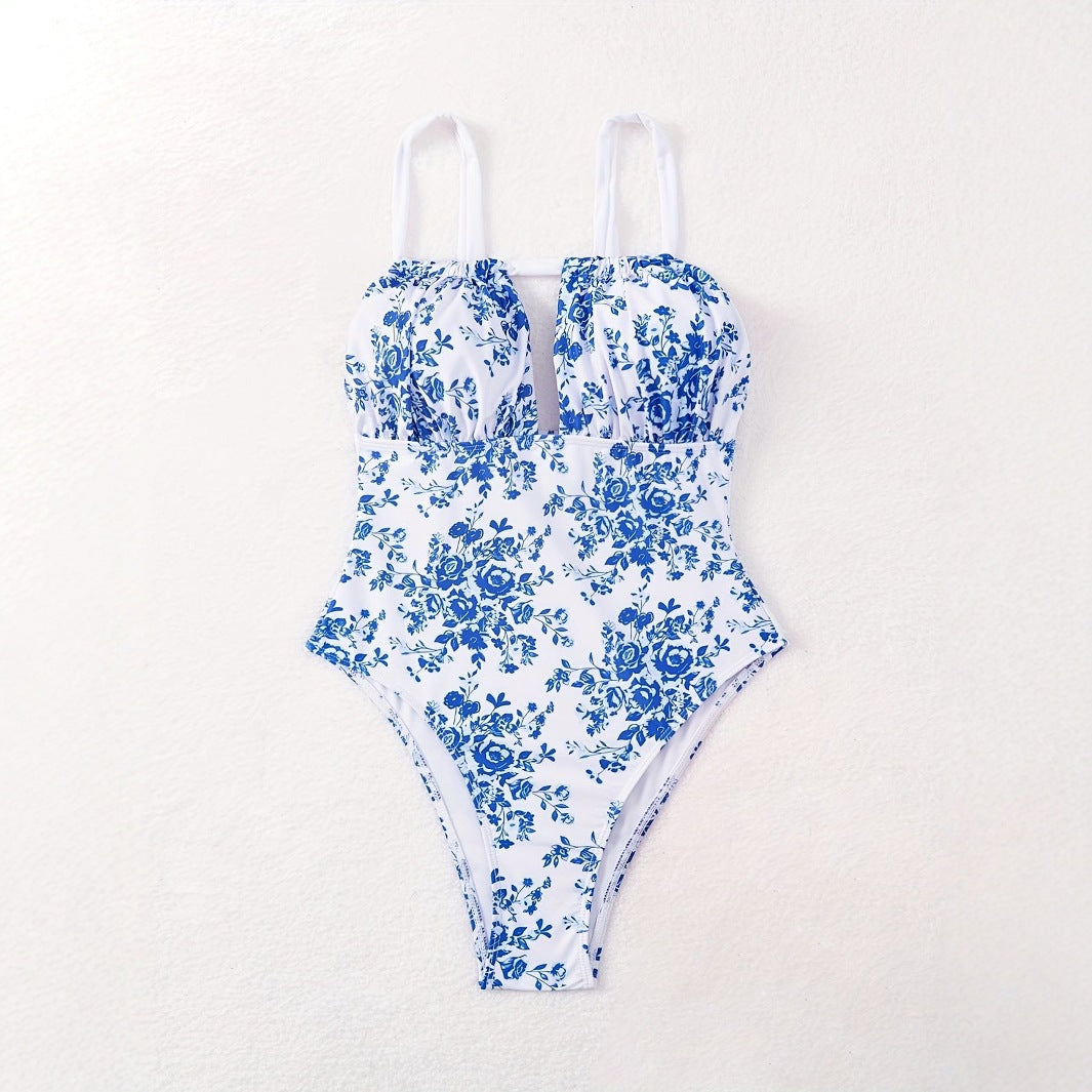 Damen Einteiliger Badeanzug mit floralem Design und tiefem V-Ausschnitt R&B