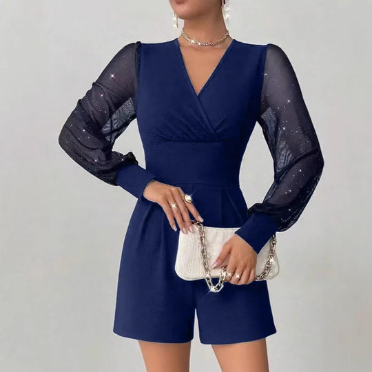 Damen eleganter Jumpsuit mit transparenten Puffärmeln und V-Ausschnitt R&B