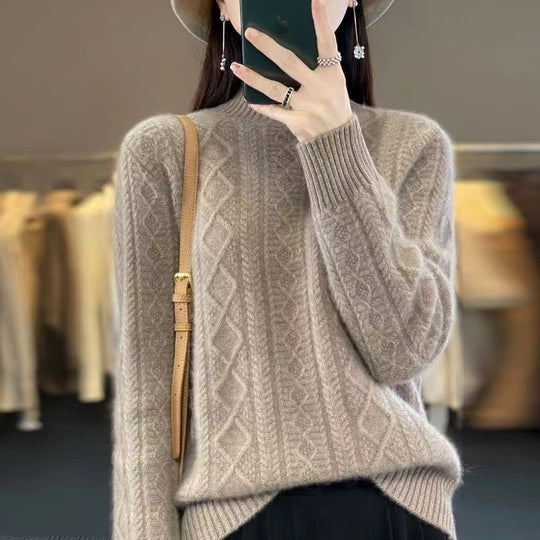 Damen Hochwertiger Strickpullover mit Stehkragen und Zopfdesign R&B