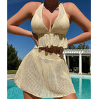 Damen Häkel-Bikini Set mit luftiger Crop-Top und kurzer Wickelrock R&B
