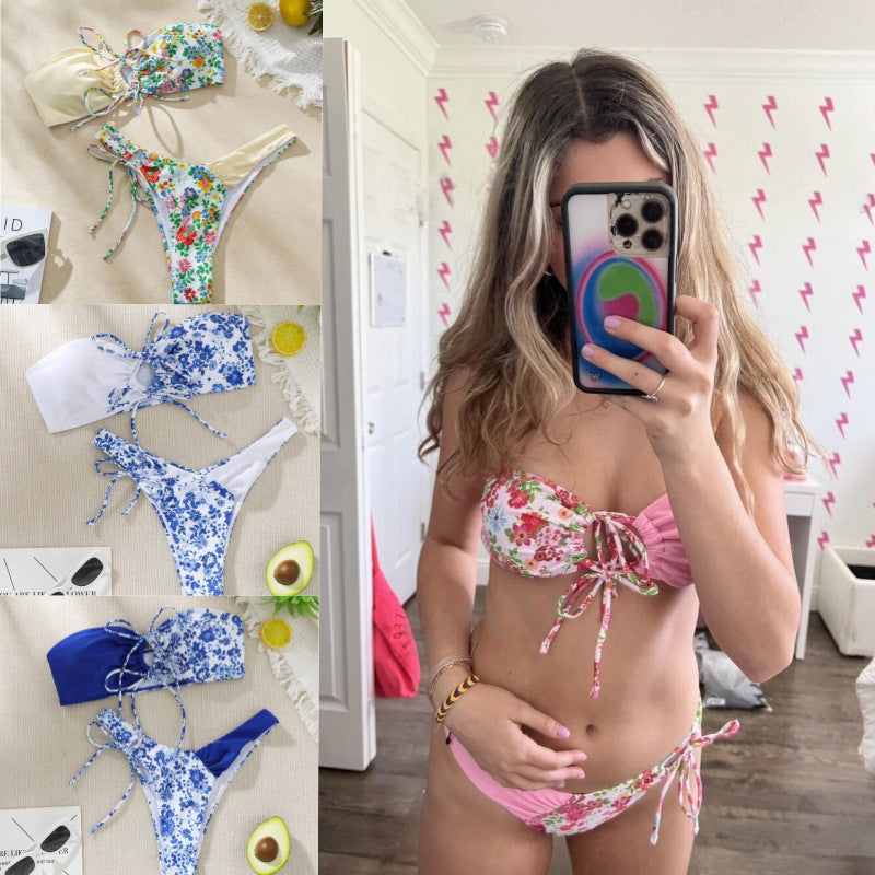 Damen Bandeau-Bikini Set mit floralem Design R&B