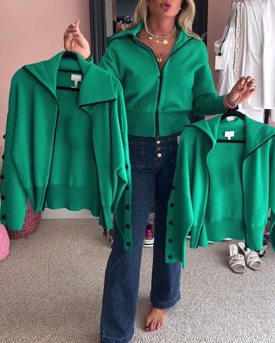 Damen nan kurze Kapuzen-Strickzipjacke mit breitem Rippbund und Zierknöpfen an Ärmeln R&B