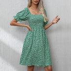Damen Blumenkleid mit Puffärmeln und Gummizug R&B