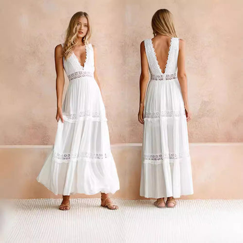 Damen Elegantes Maxikleid mit tiefem V-Ausschnitt und verspielten Häkelapplikationen R&B
