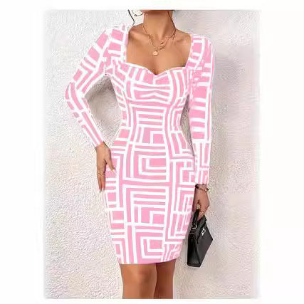 Damen Figurbetontes Langarmkleid mit geometrischem Muster und kreativem Ausschnitt R&B