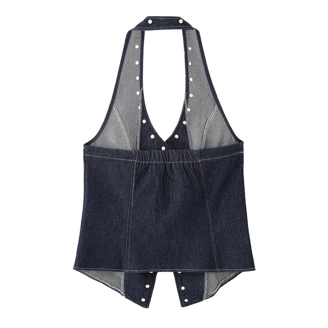 Damen elegante Denim-Weste mit dekorativen Druckknöpfen und lässigem Schnitt R&B