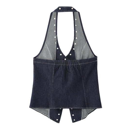 Damen elegante Denim-Weste mit dekorativen Druckknöpfen und lässigem Schnitt R&B
