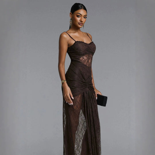 Damen Elegantes Spitzenmaxikleid mit raffinierter Drapierung R&B