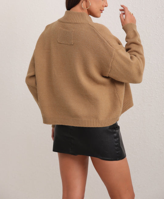 Damen Grobstrick Pullover mit hohem Kragen und breiten Ärmeln R&B