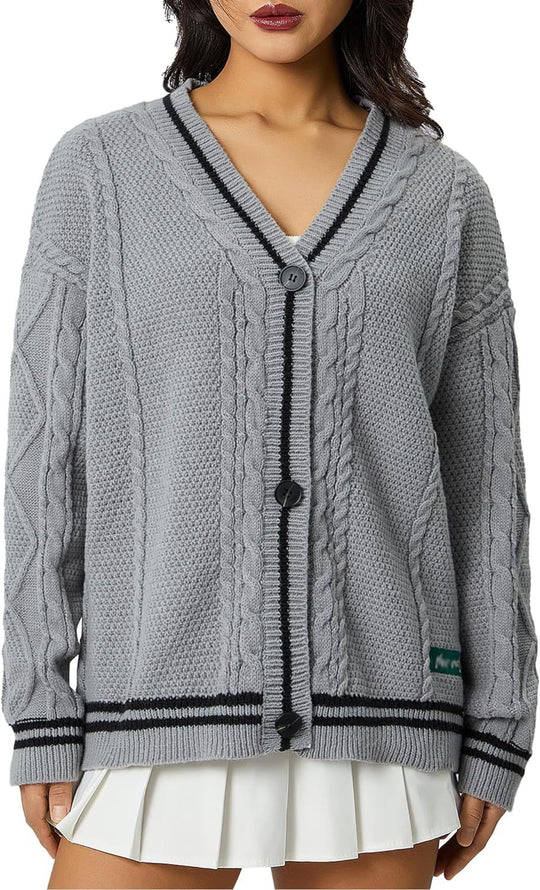 Damen Grobstrick-Cardigan mit dekorativen Sternen und kontrastierendem Bund R&B