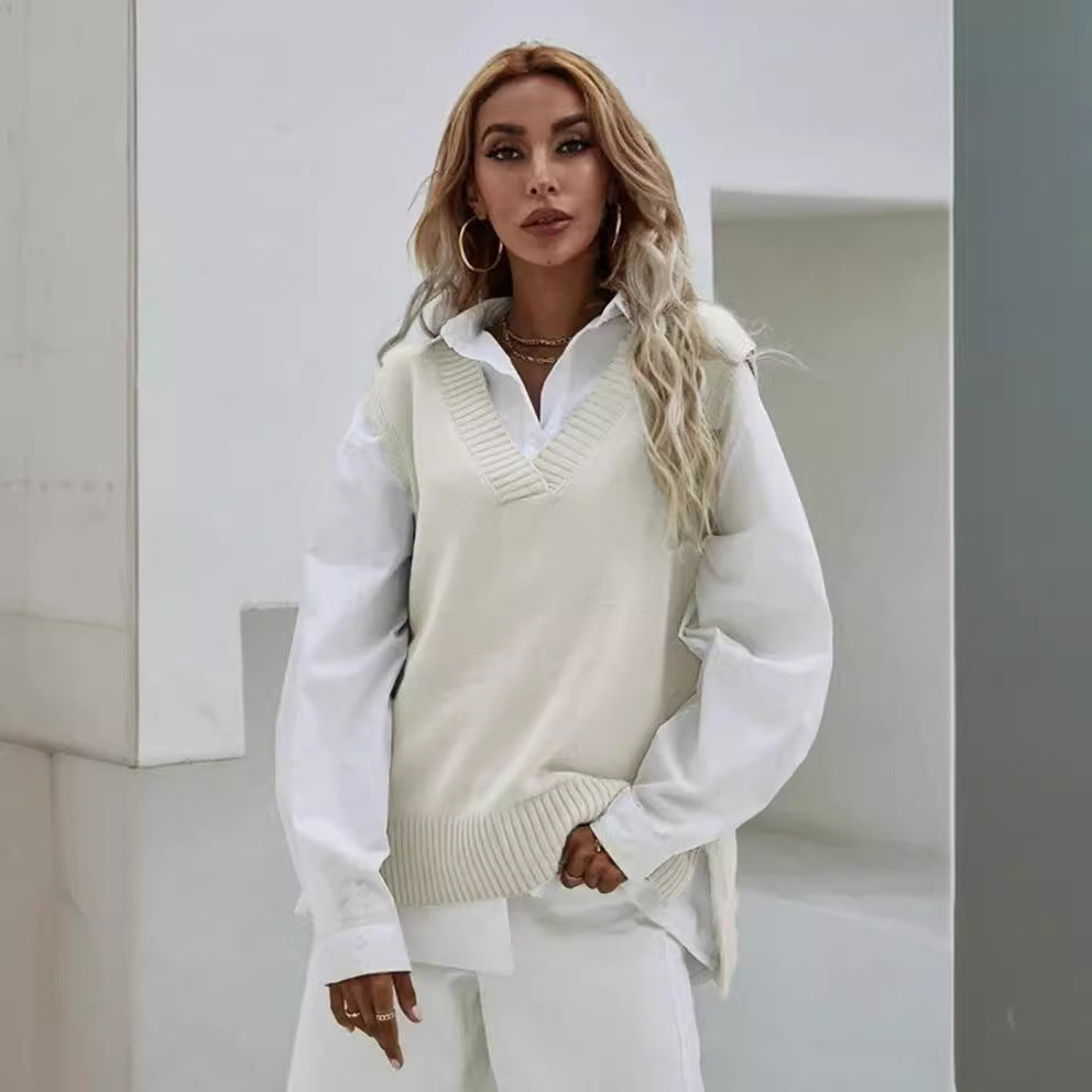 Damen Strickweste mit V-Ausschnitt und breitem Rippdesign R&B