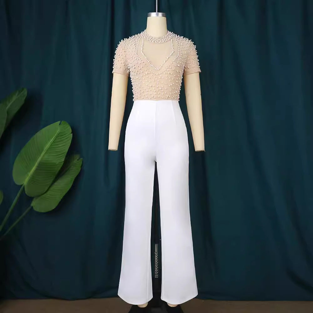 Damen eleganter Jumpsuit mit glitzernden Perlenakzenten R&B